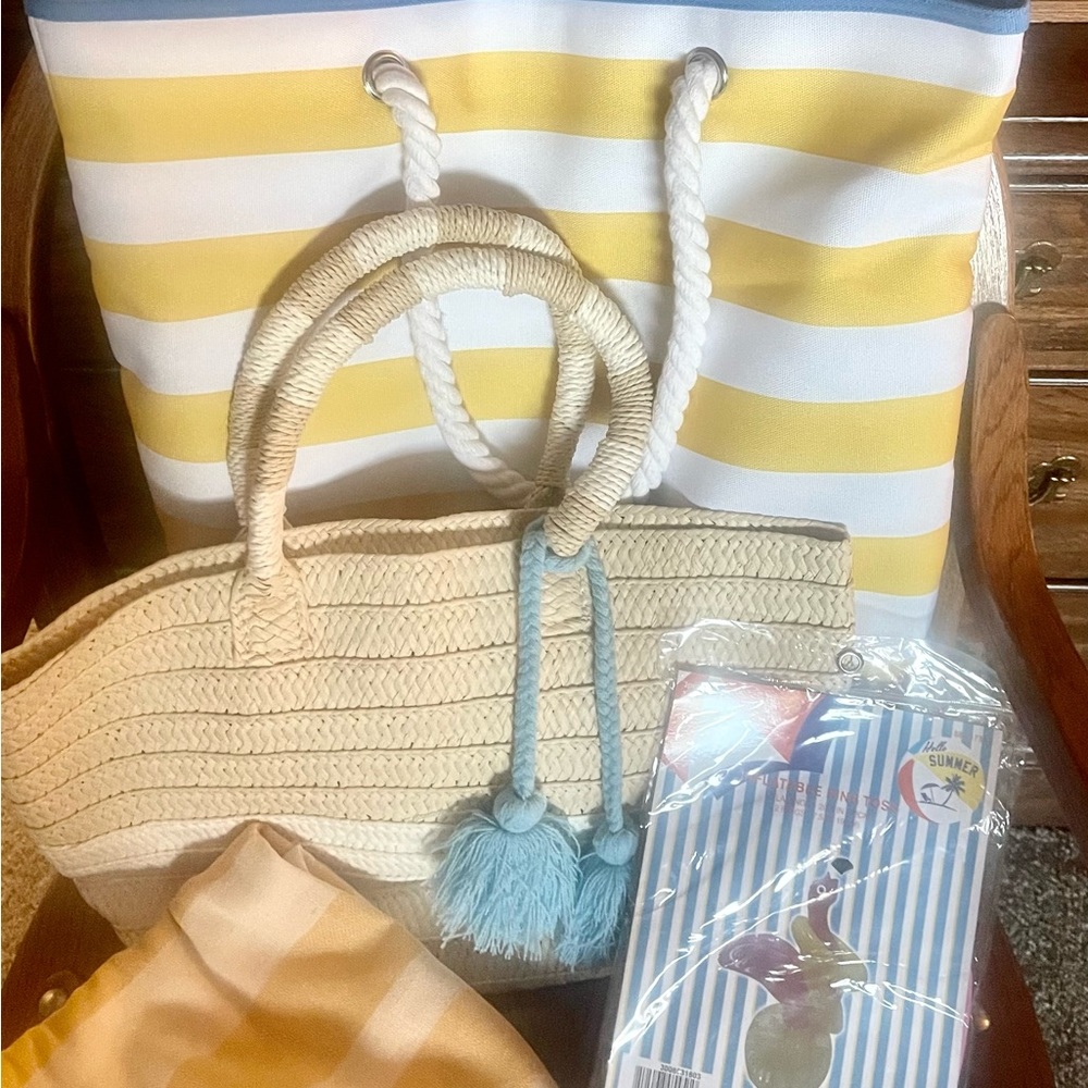 2 NWT Beach Totes, Organic Turkish Cotton Towel or Wrap, inflatable toy